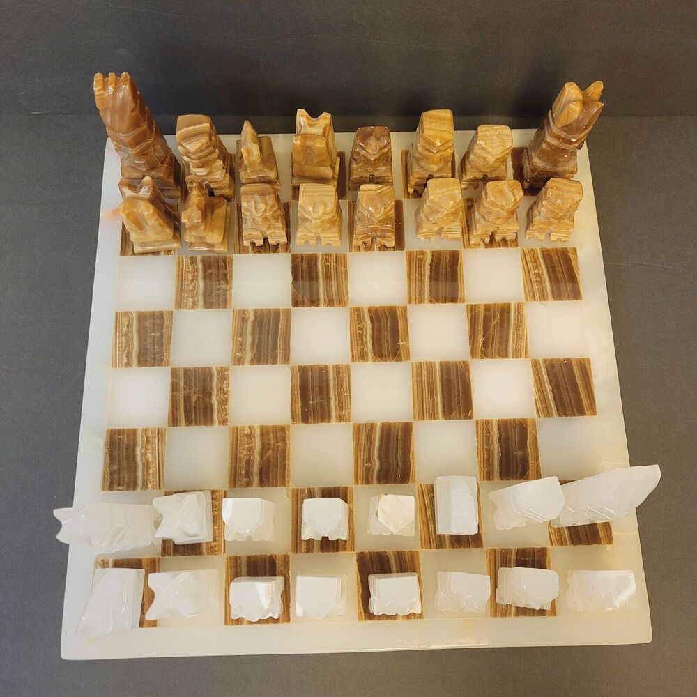 Vtg Handmade Natural Onyx Stone Chess Set Hand Carved Game Pieces
